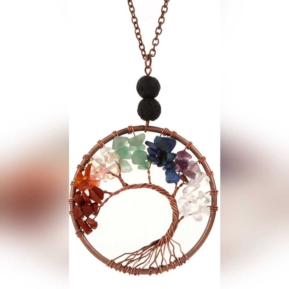 Tree of Life, Pendant Necklace w/ Natural Gemstones and Two Lava Stones